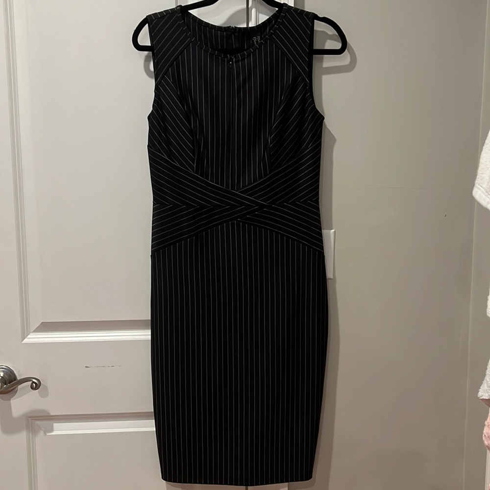 Black pinstripe business professional dress with zip in front and back